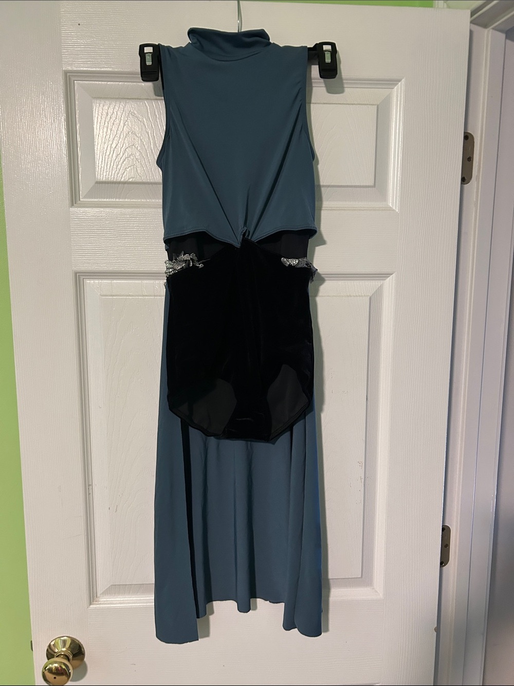 Weismann Sleeveless High-Neck Teal Dance Costume with Black Velvet Waist